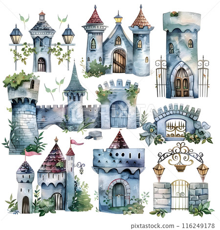 Watercolor fantasy fairytale castle set. Hand drawn illustration isolated on white background 116249178