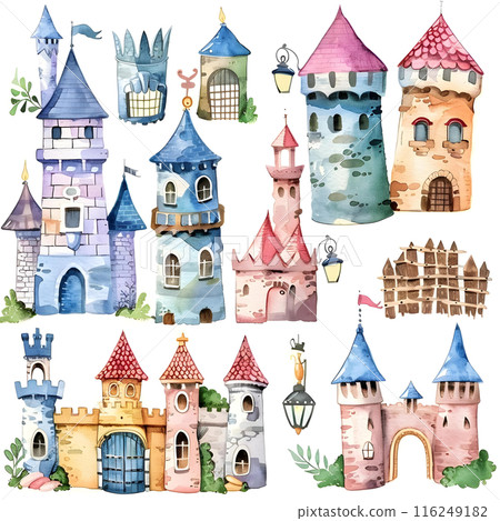 Watercolor fantasy fairytale castle set. Hand drawn illustration isolated on white background 116249182