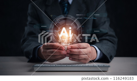 Business man Holding Light Bulb with AI artificial intelligence Concept innovation machine learning development technology 116249183