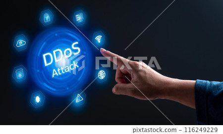 A hand pointing to a blue circle with the word ddos attack in white 116249229