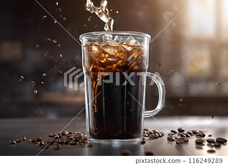 Refreshing iced Americano on a black background with coffee beans. Refreshing iced Americano on a black background with coffee beans. 116249289