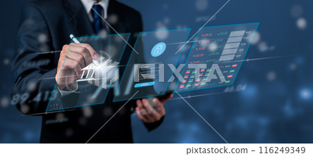 A businessperson interacts with a futuristic digital interface displaying bank security features. The image suggests advanced technology in financial security and data encryption. 116249349