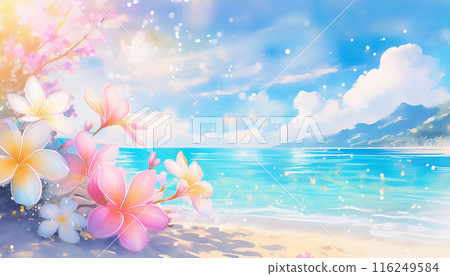 Plumeria, sea and sandy beach (watercolor painting) Plumeria, sea and sandy beach (watercolor painting) 116249584
