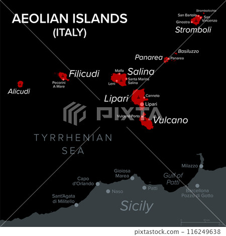 Aeolian Islands in Italy, dark political map. Volcanic archipelago in the Tyrrhenian Sea north of Sicily. Also called Lipari Islands. Lipari, Vulcano, Salina, Stromboli, Filicudi, Alicudi and Panarea. 116249638