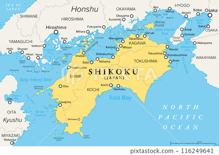 Shikoku island and region in Japan with four prefectures, political map. Region and smallest of the main islands of Japan, northeast of Kyushu, and south of Honshu, separated by the Seto Inland Sea. 116249641