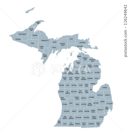 Michigan counties, gray political map. A state in the Great Lakes region of the Upper Midwest of the United States, subdivided into 83 counties. Map with county boundaries and names. Illustration Michigan counties, gray political map. A state in the Great Lakes region of the Upper Midwest of the United States, subdivided into 83 counties. Map with county boundaries and names. Illustration 116249642