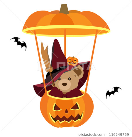 Illustration of a teddy bear riding a Halloween pumpkin balloon 116249769