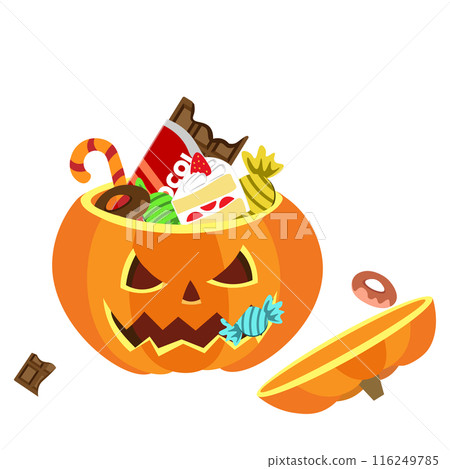 Illustration of a ghost pumpkin eating sweets Illustration of a ghost pumpkin eating sweets 116249785