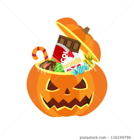 Illustration of a ghost pumpkin container full of sweets 116249790