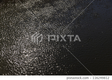 glare of the sun in dirty river water top view 116249812
