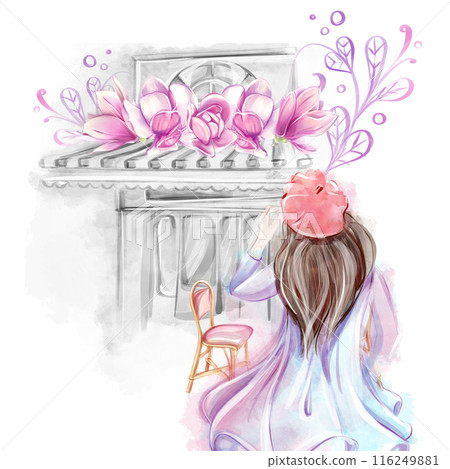 Watercolor illustration of a girl in a red beret on the background of a Parisian shop, cafe, bakery, in front of a shop window. Romantic trip to France, clipart for banner design, postcard, invitation 116249881