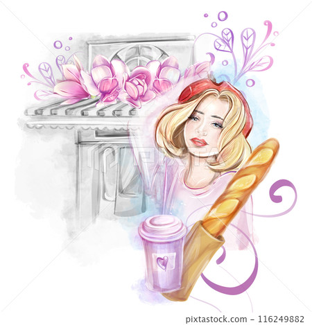 Watercolor illustration of a blonde woman with a French baguette and coffee on the background of a shop, cafe, bakery, in front of a showcase. Romantic trip to France, clipart for banner design, postc 116249882