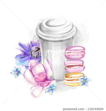 Paper cup of coffee and multicolored macarons in a watercolor style. French breakfast, bakery. Romantic trip to France, clipart for banner design, postcard, invitation 116249884