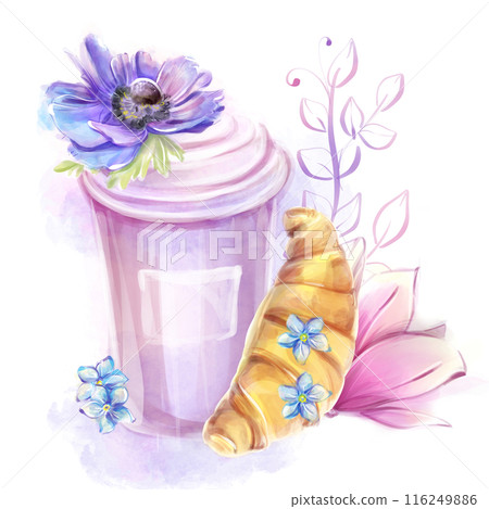 Watercolor illustration. French breakfast, pastries. Paper cup of coffee and croissant. magnolias and anemones. Romantic trip to France, clipart for banner design, postcard, invitation 116249886