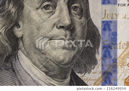 a close-up of a hundred US dollars of a new sample 116249934