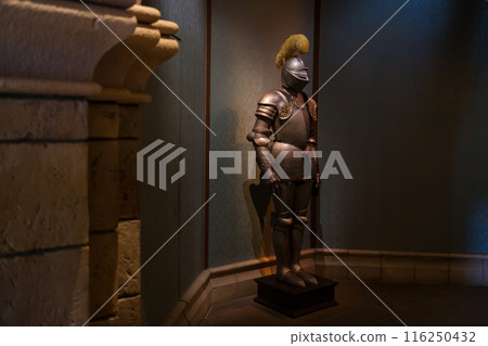 warrior knight metal armor inside antique castle 116250432