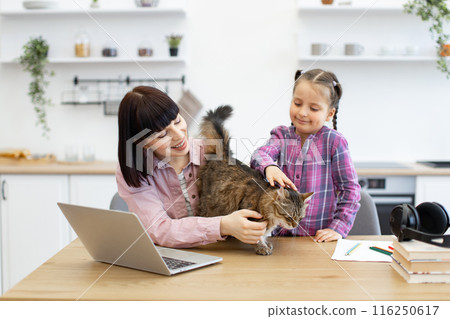 Mother and daughter playing with cat in kitchen 116250617