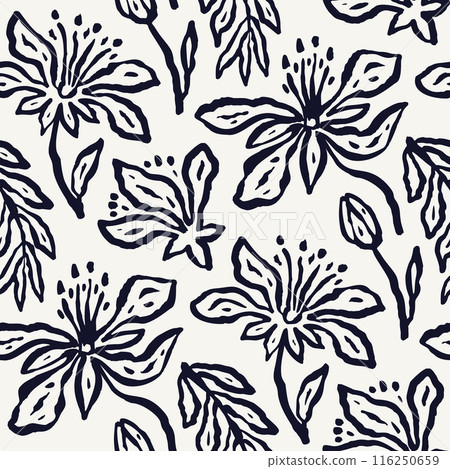 Monochrome black and white brush strokes inky flowers seamless pattern Monochrome black and white brush strokes inky flowers seamless pattern 116250659
