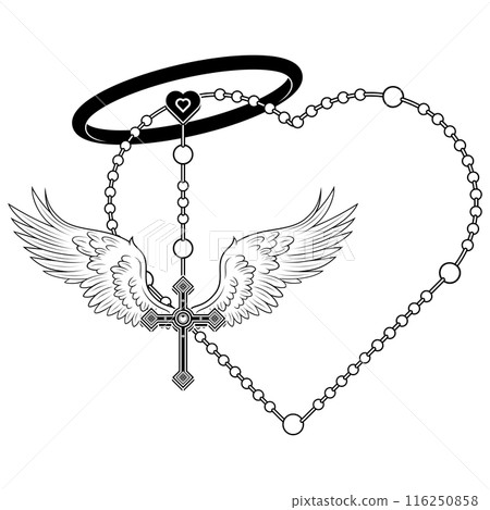 Winged Christian cross with heart-shaped rosary 116250858