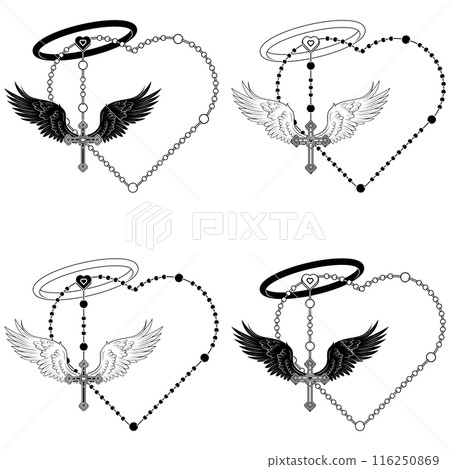 Winged Christian cross with heart-shaped rosary 116250869