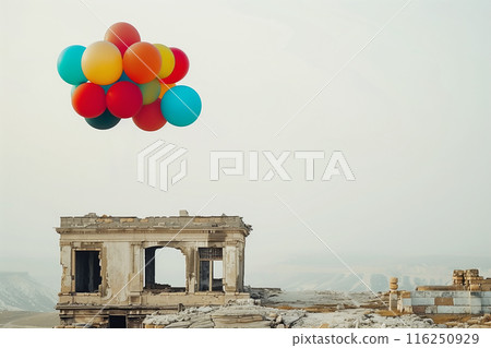 Colorful balloons floating in the sky above ruins - AI-generated image 116250929