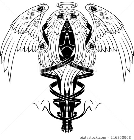 Seraph with six wings surrounded with a ribbon 116250968
