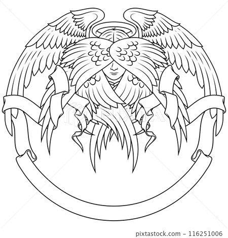 Angel with six wings and surrounded by ribbon 116251006