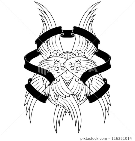 Angel with six wings and surrounded by ribbon Angel with six wings and surrounded by ribbon 116251014