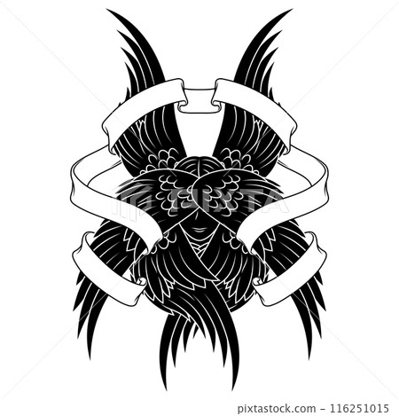 Angel with six wings and surrounded by ribbon 116251015