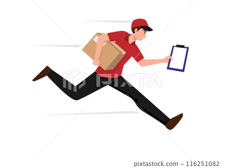 A delivery boy is delivering a package to a customer. Express delivery service symbol. Vector illustration 116251082