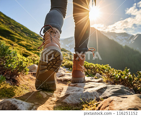 人們在山路上行走,登山鞋的低視角 人們在山路上行走,登山鞋的低視角 116251152
