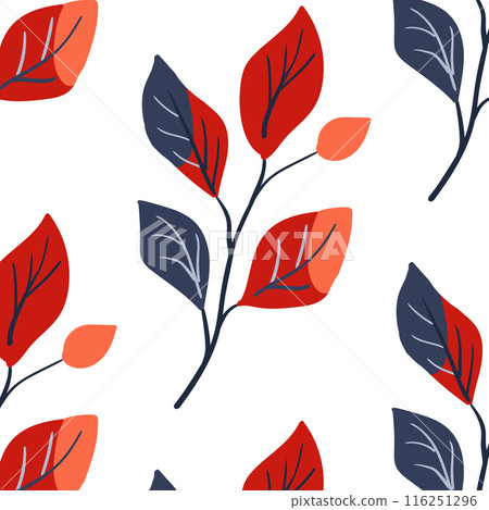 Seamless pattern. Simple Plant. Simple branch with bright leaves. White background. Ornament in Scandinavian style. Hand drown. Flat vector illustration 116251296