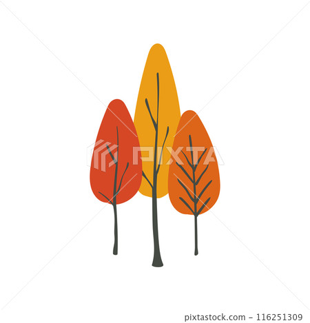 Autumn botanical set. Folk orange yellow and leaves. Minimalistic trees. Flat vector illustration Autumn botanical set. Folk orange yellow and leaves. Minimalistic trees. Flat vector illustration 116251309
