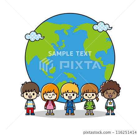 Illustration of cute kids of different races smiling in front of a floating globe, Earth with copy space 116251414