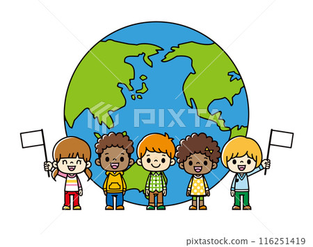 Illustration of a group of elementary school students from around the world standing in front of a large globe and smiling and waving flags 116251419