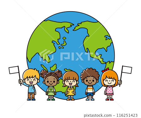 來自世界各地的兒童站在大地球儀前微笑著揮舞旗幟的插圖 116251423