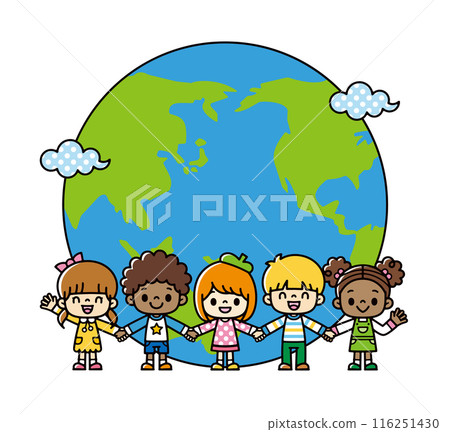 An illustration of children of different races from around the world holding hands and standing in front of a globe covered in clouds 116251430