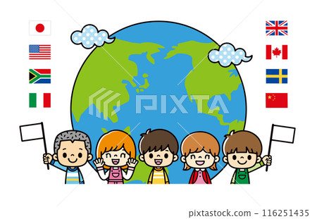Semicircular globe with clouds and flag icons, illustration of cute kids smiling and holding flags. Semicircular globe with clouds and flag icons, illustration of cute kids smiling and holding flags. 116251435