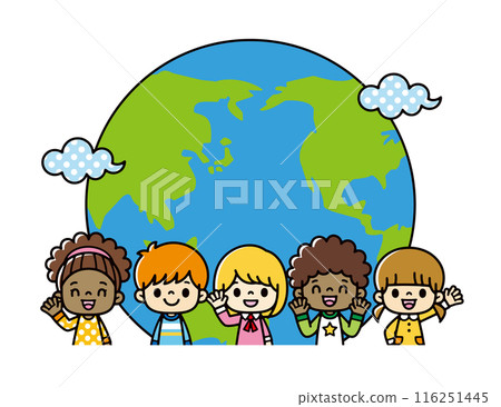 Illustration of cute smiling children of various races standing in front of a semicircular globe. American and Asian children 116251445