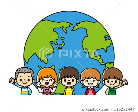 不同種族的可愛微笑兒童在半圓形地球儀前排隊的插圖。 116251447
