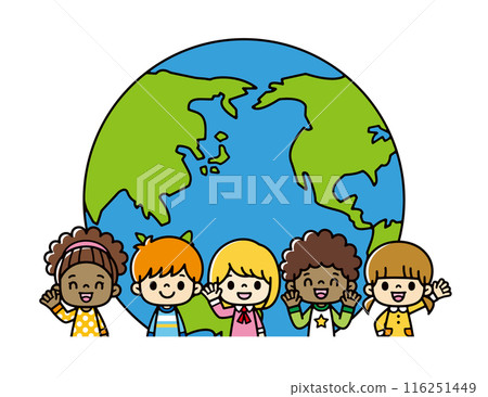 不同種族的可愛微笑兒童在半圓形地球儀前排隊的插圖。美國和亞洲兒童 116251449