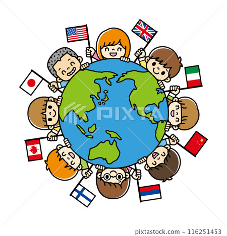 A cute illustration of children from around the world waving their flags and peeking out from the globe A cute illustration of children from around the world waving their flags and peeking out from the globe 116251453