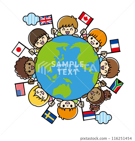 Cute illustration of children from around the world waving their national flags and showing their faces from the Earth. Cute illustration of children from around the world waving their national flags and showing their faces from the Earth. 116251454
