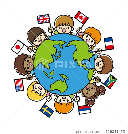 世界各地的兒童從地球上伸出來揮舞國旗的可愛插圖 116251455