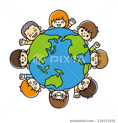 用藍色和綠色線條藝術描繪可愛的孩子在地球上微笑和揮手的插圖 116251458