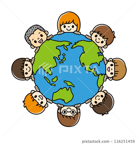 Illustration of cute kids peeking out from a blue and green line drawing of the Earth 116251459