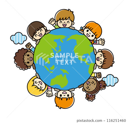 An illustration of cute children of different races smiling and saying hello from a blue and green globe without main lines 116251460