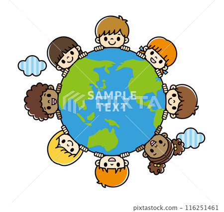 An illustration of cute children of various races emerging from a blue and green globe without main lines An illustration of cute children of various races emerging from a blue and green globe without main lines 116251461