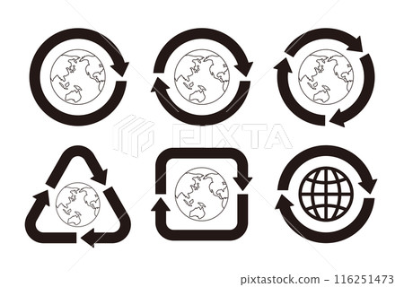 一組以畫線地球為中心的各種形狀的黑白回收標記箭頭圖標 一組以畫線地球為中心的各種形狀的黑白回收標記箭頭圖標 116251473