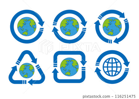 A set of icons of recycling symbols with blue arrows of various shapes centered on a blue line drawing globe A set of icons of recycling symbols with blue arrows of various shapes centered on a blue line drawing globe 116251475
